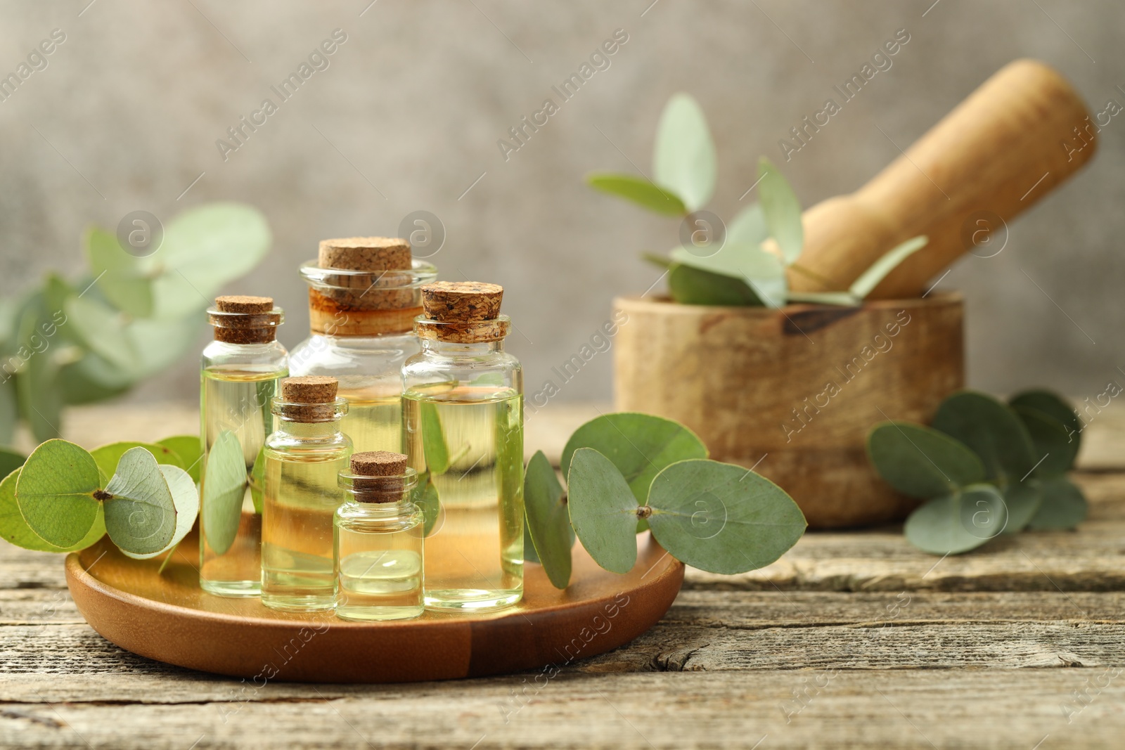 Bottles of essential oil, eucalyptus leaves, mortar and pestle on wooden table Photo of Bottles of essential oil, eucalyptus leaves, mortar and pestle on wooden table