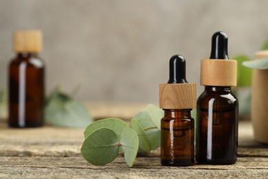 Photo of Bottles of essential oil and eucalyptus leaves on wooden table, closeup. Space for text