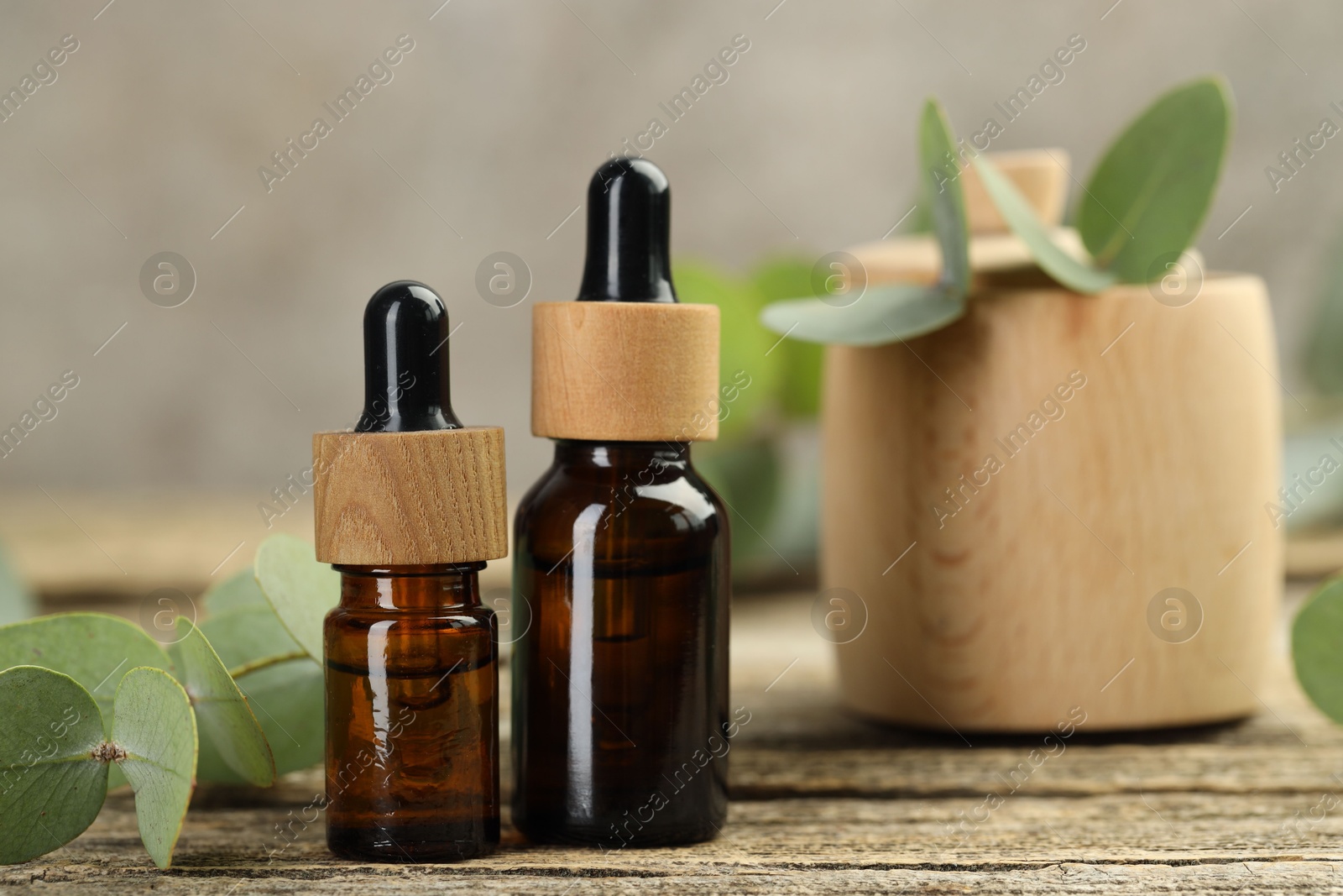 Bottles of essential oil and eucalyptus leaves on wooden table, closeup Photo of Bottles of essential oil and eucalyptus leaves on wooden table, closeup