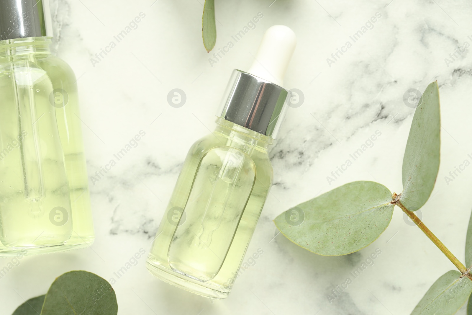 Bottles of essential oil and eucalyptus leaves on white marble table, flat lay Photo of Bottles of essential oil and eucalyptus leaves on white marble table, flat lay