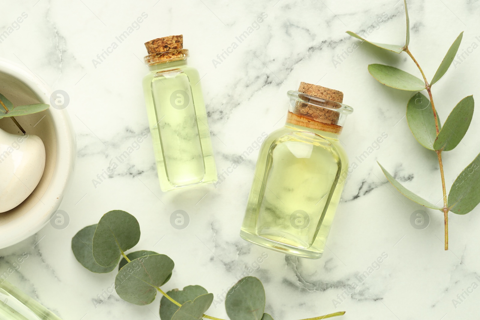 Bottles of essential oil, eucalyptus leaves, mortar and pestle on white marble table, flat lay Photo of Bottles of essential oil, eucalyptus leaves, mortar and pestle on white marble table, flat lay
