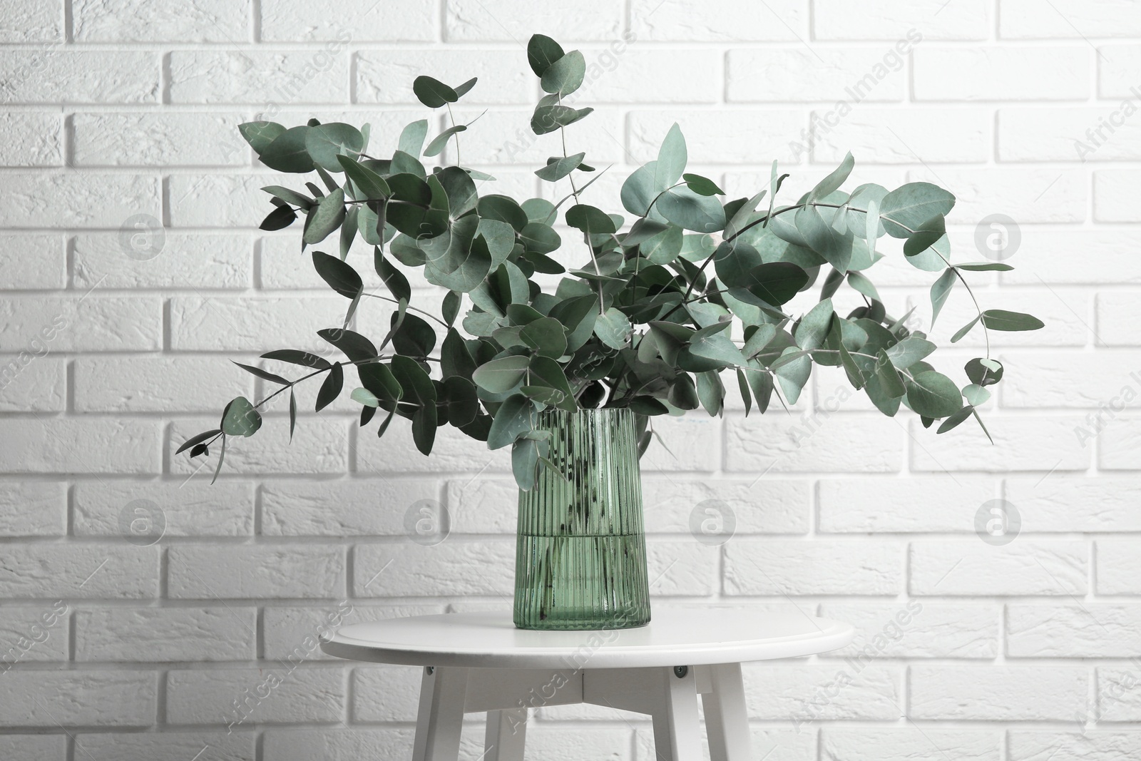 Green eucalyptus branches in vase on table near white brick wall indoors Photo of Green eucalyptus branches in vase on table near white brick wall indoors