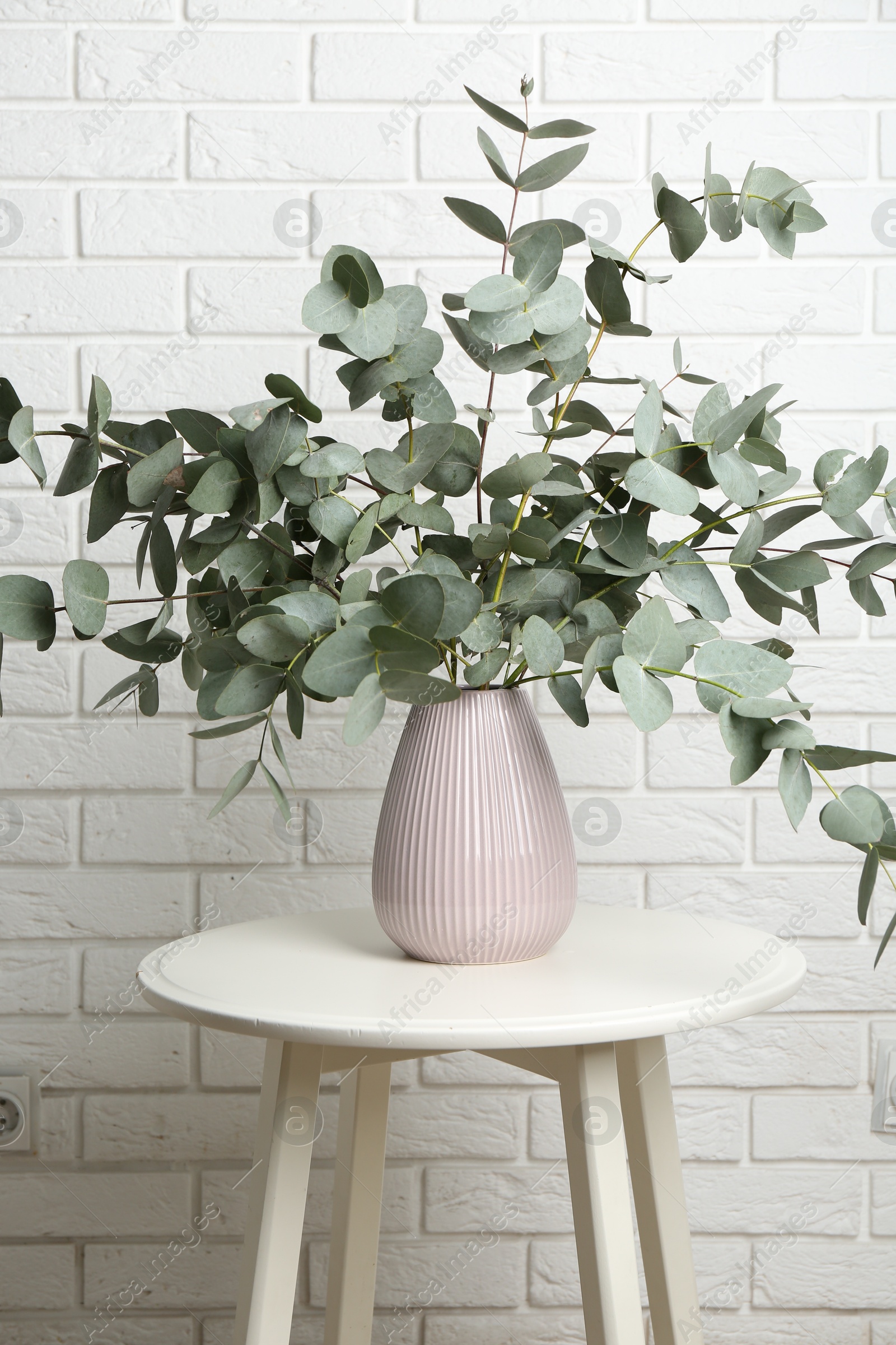 Green eucalyptus branches in vase on table near white brick wall indoors Photo of Green eucalyptus branches in vase on table near white brick wall indoors
