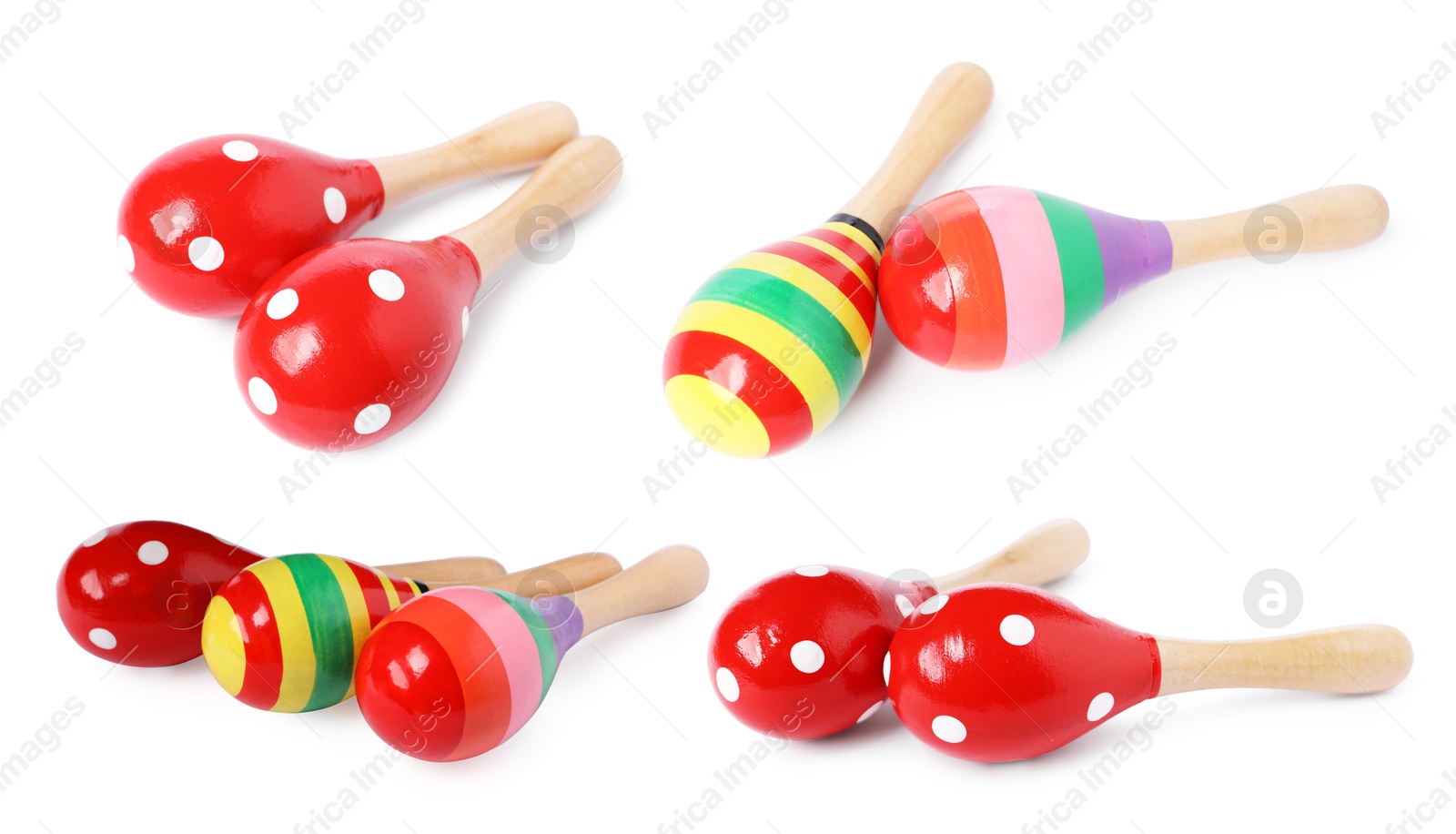 Image of Colorful toy maracas on white background, collage. Child's musical instrument
