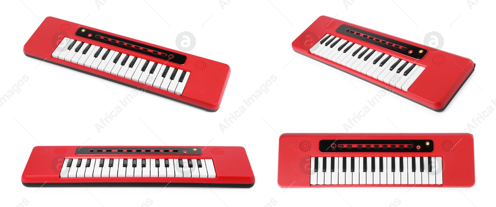 Toy electric piano on white background, collage. Child's musical instrument Image of Toy electric piano on white background, collage. Child's musical instrument
