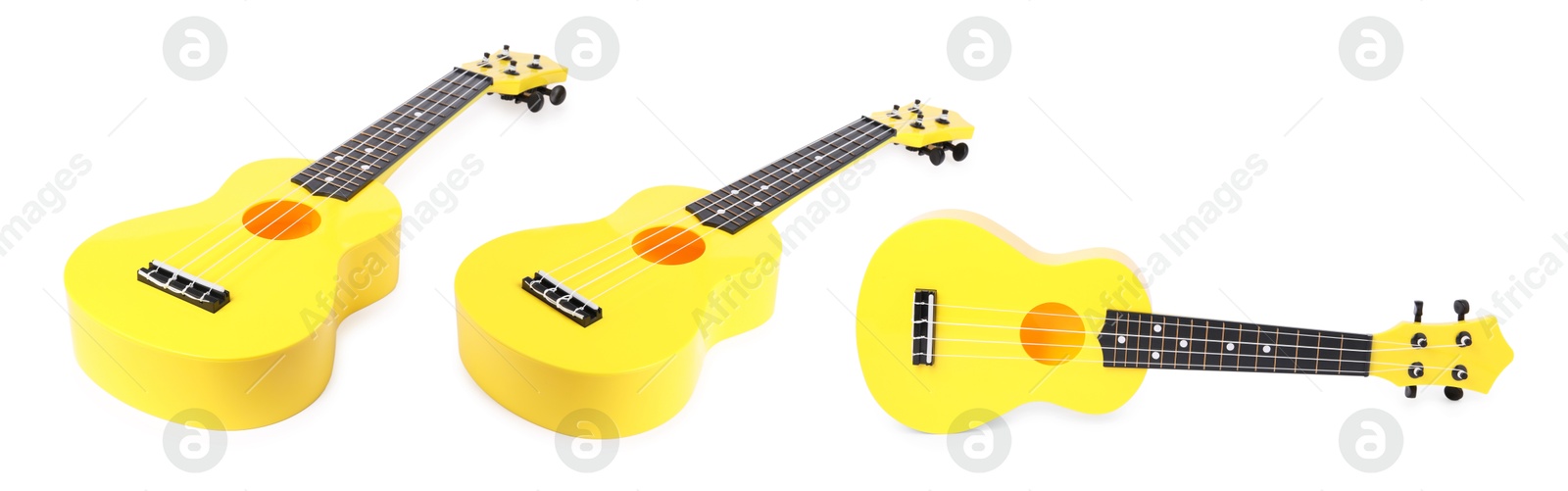Yellow toy guitar on white background, collage. Child's musical instrument Image of Yellow toy guitar on white background, collage. Child's musical instrument