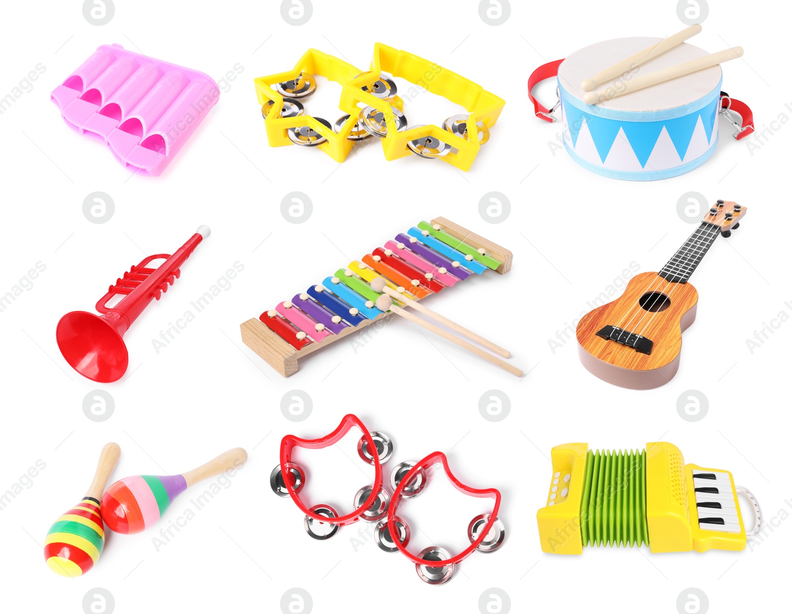 Different toy musical instruments for children on white background, collage Image of Different toy musical instruments for children on white background, collage