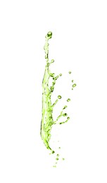Image of Splash of green water in air on white background