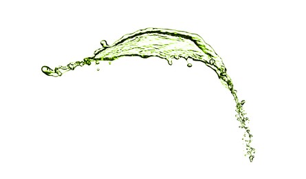 Image of Splash of green water in air on white background