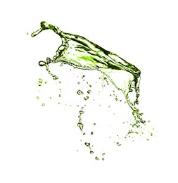 Image of Splash of green water in air on white background