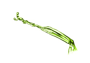 Image of Splash of green water in air on white background
