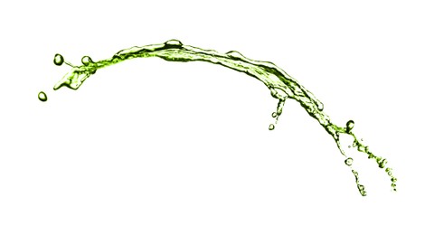 Image of Splash of green water in air on white background