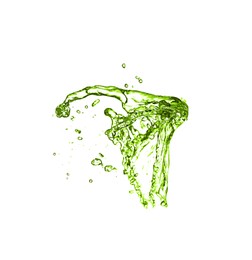 Image of Splash of green water in air on white background