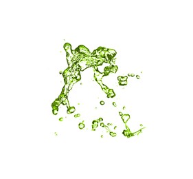 Image of Splash of green water in air on white background