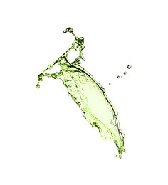 Image of Splash of green water in air on white background