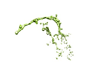 Image of Splash of green water in air on white background