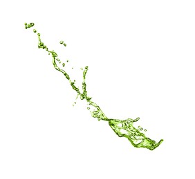 Image of Splash of green water in air on white background