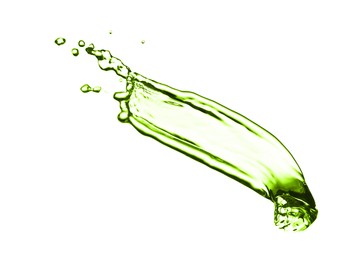 Image of Splash of green water in air on white background