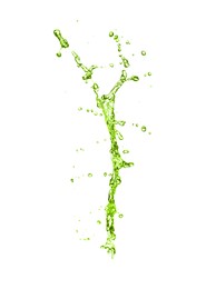 Image of Splash of green water in air on white background