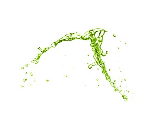 Image of Splash of green water in air on white background