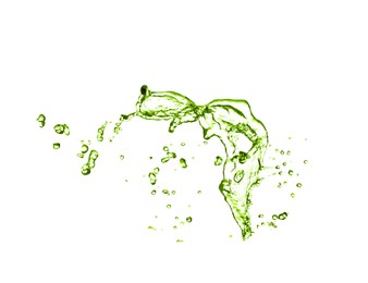 Image of Splash of green water in air on white background
