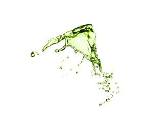 Image of Splash of green water in air on white background