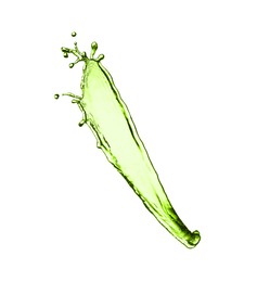 Image of Splash of green water in air on white background