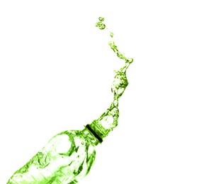 Image of Splash of green water in air on white background