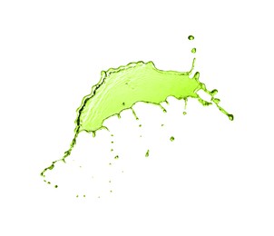 Image of Splash of green water in air on white background