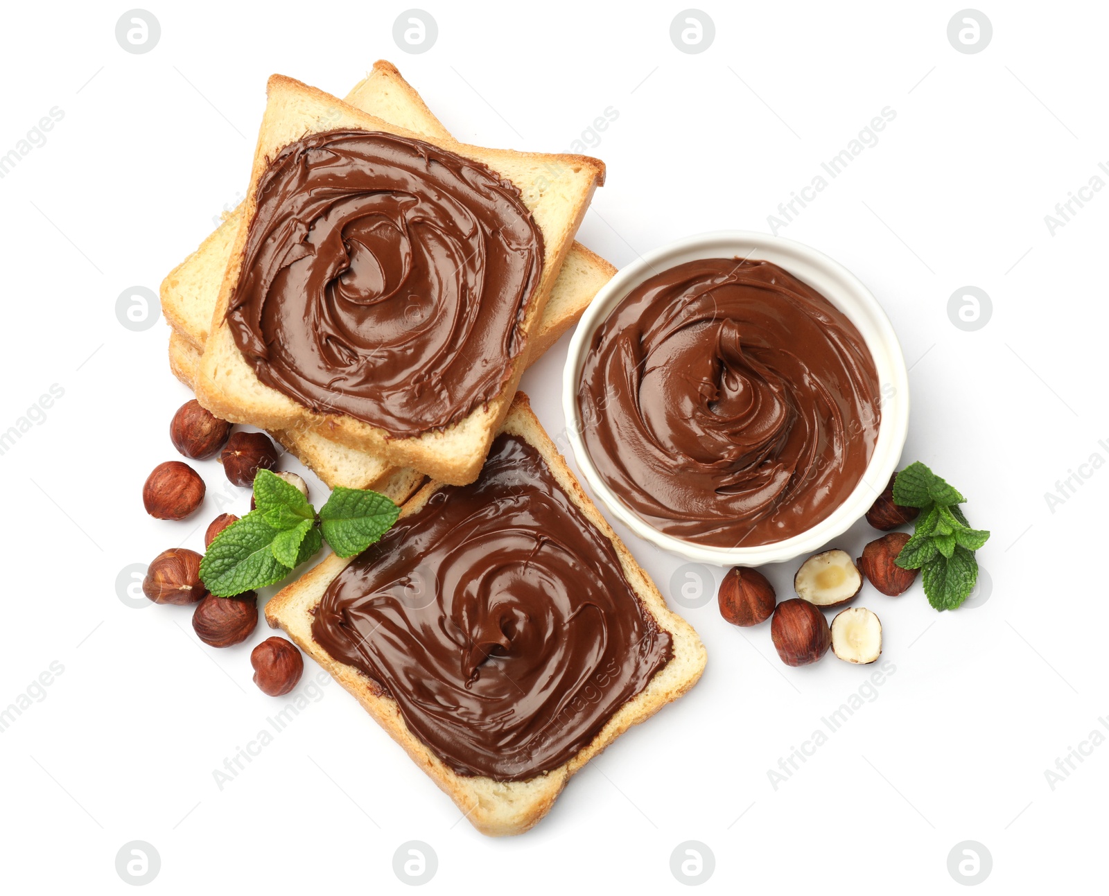 Photo of Toasts with chocolate hazelnut spread, nuts and mint isolated on white, top view
