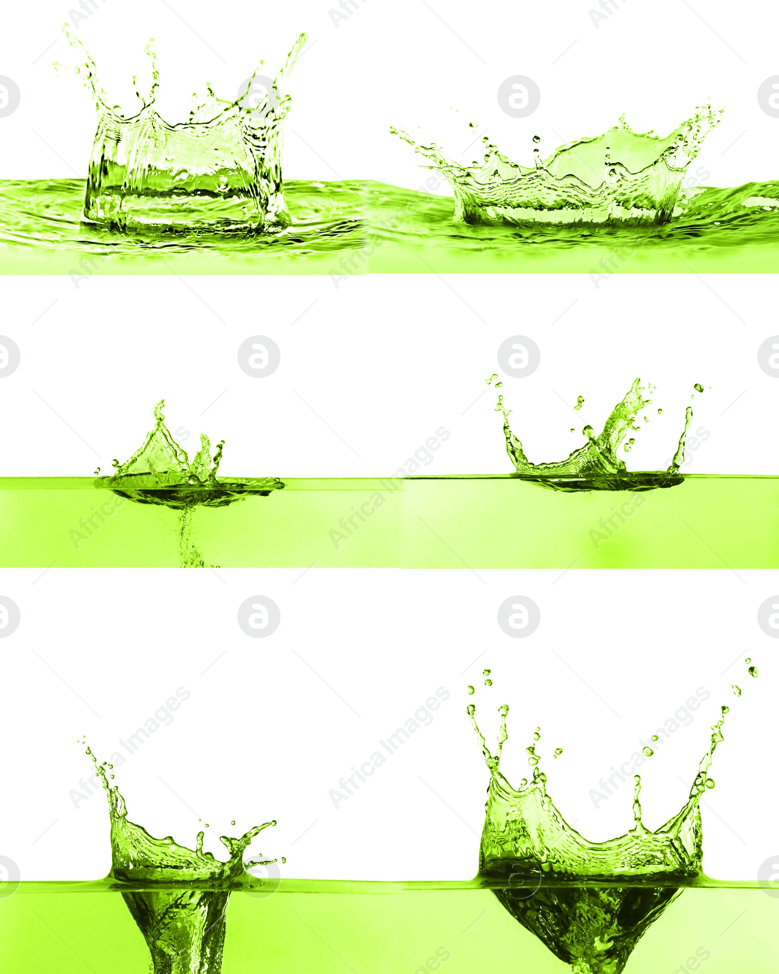 Green water splashing on white background, collage Image of Green water splashing on white background, collage