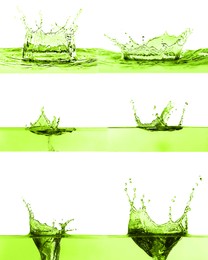 Image of Green water splashing on white background, collage
