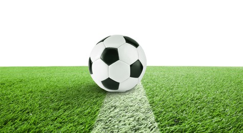 Image of Soccer ball on football field against white background