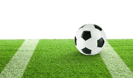 Image of Soccer ball on football field against white background, space for text