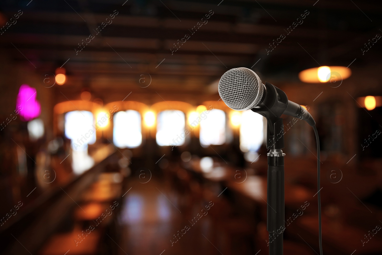 Microphone on stage in restaurant. Singer's performance Image of Microphone on stage in restaurant. Singer's performance