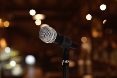 Image of Microphone on stage in restaurant. Singer's performance