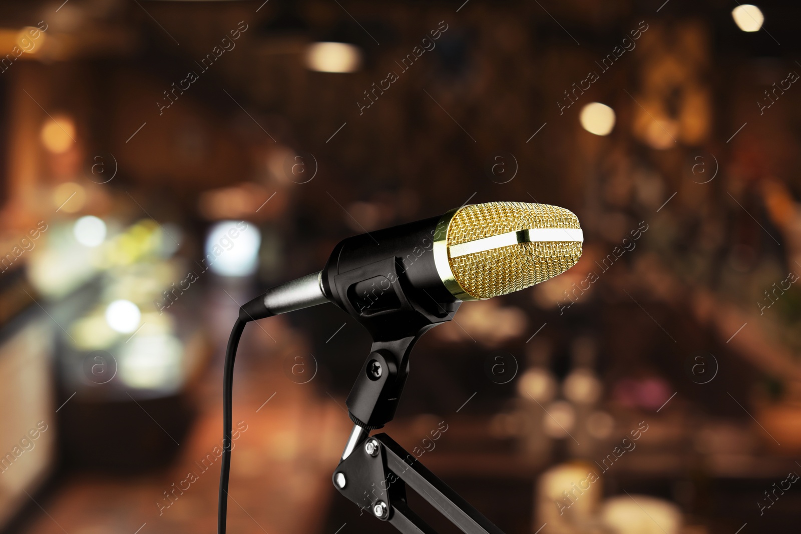 Microphone on stage in restaurant. Singer's performance Image of Microphone on stage in restaurant. Singer's performance
