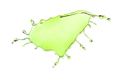 Image of Splash of green water in air on white background