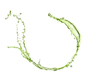 Image of Splash of green water in air on white background