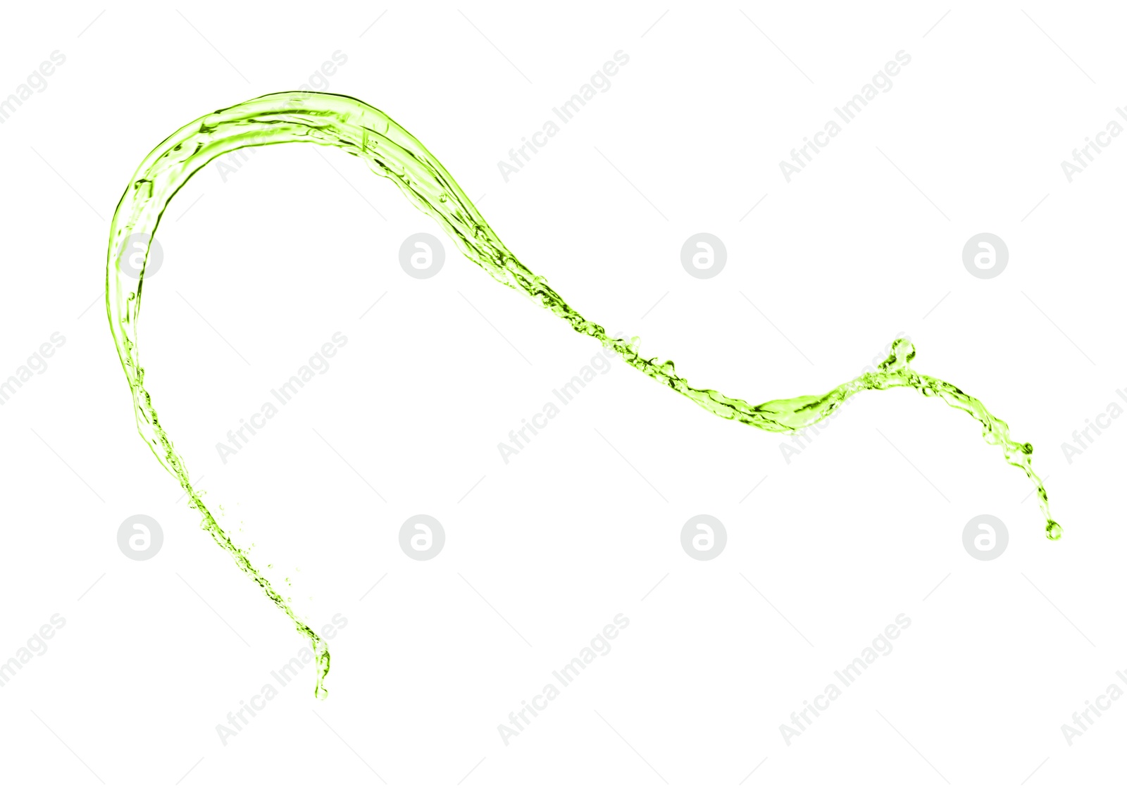 Image of Splash of green water in air on white background