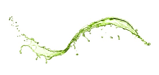 Image of Splash of green water in air on white background