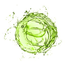 Image of Splash of green water in air on white background