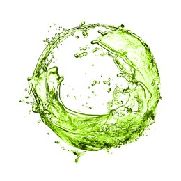 Image of Splash of green water in air on white background