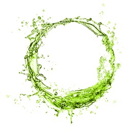 Image of Splash of green water in air on white background