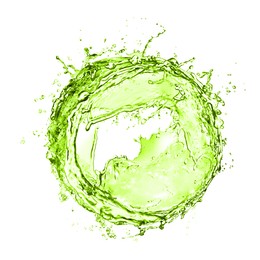 Image of Splash of green water in air on white background