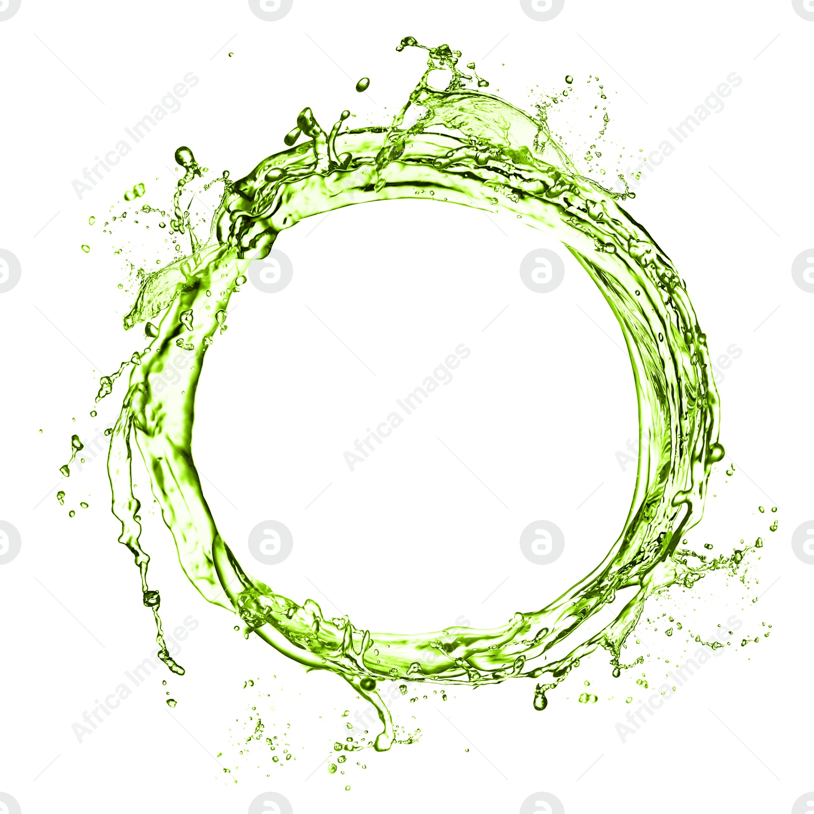 Image of Splash of green water in air on white background