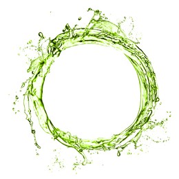 Image of Splash of green water in air on white background