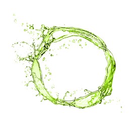 Image of Splash of green water in air on white background