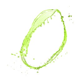 Image of Splash of green water in air on white background