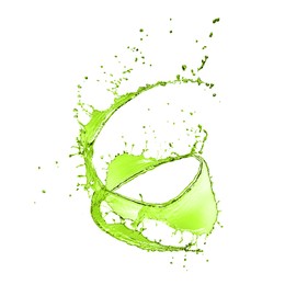 Image of Splash of green water in air on white background
